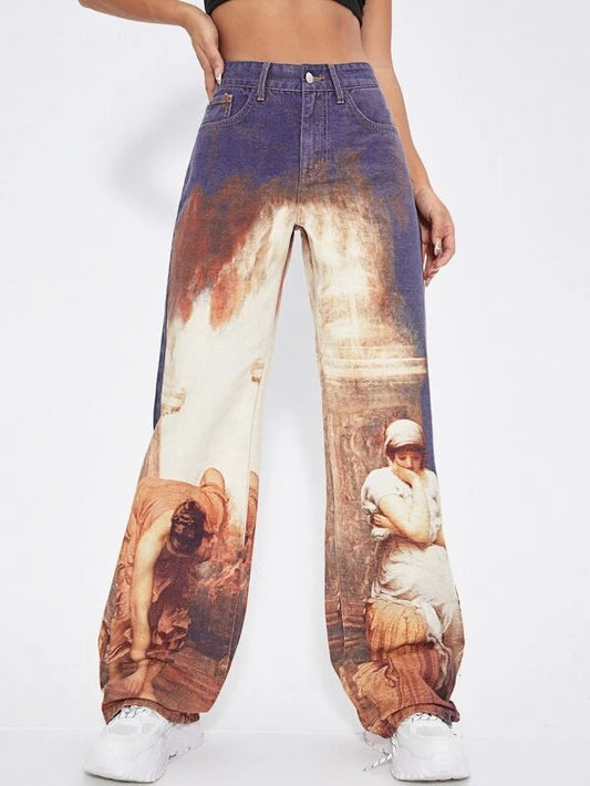 CM-BS241418 Women Casual Seoul Style Figure Graphic Wide Leg Jeans