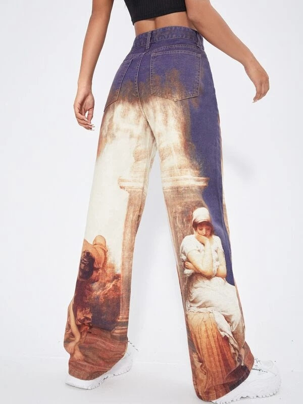 CM-BS241418 Women Casual Seoul Style Figure Graphic Wide Leg Jeans