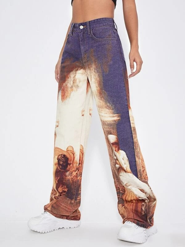 CM-BS241418 Women Casual Seoul Style Figure Graphic Wide Leg Jeans
