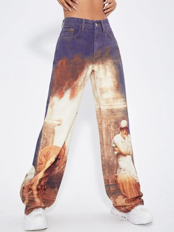 CM-BS241418 Women Casual Seoul Style Figure Graphic Wide Leg Jeans