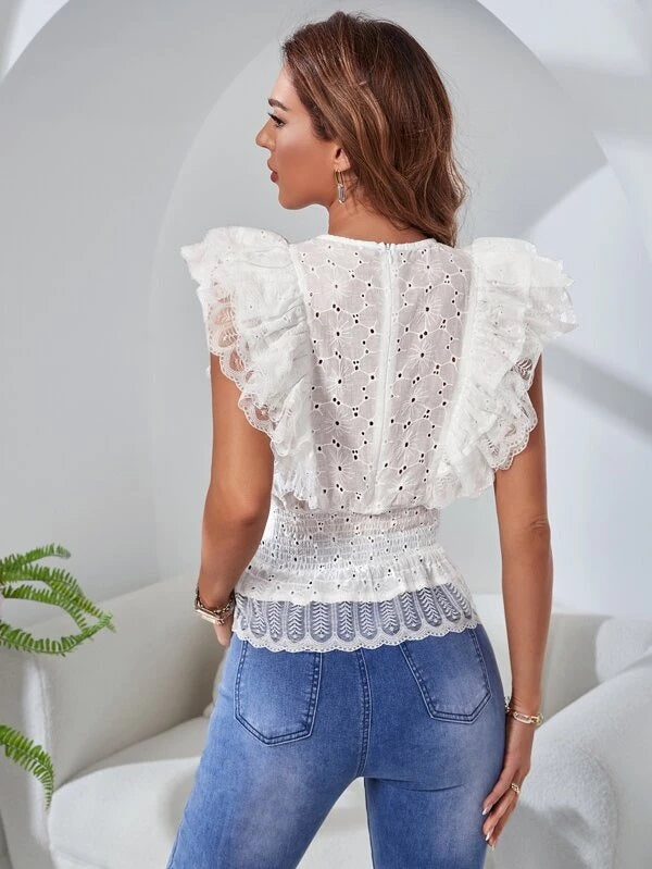 CM-TS215158 Women Trendy Bohemian Style Eyelet Embroidery Ruffle Trim Peplum Blouse