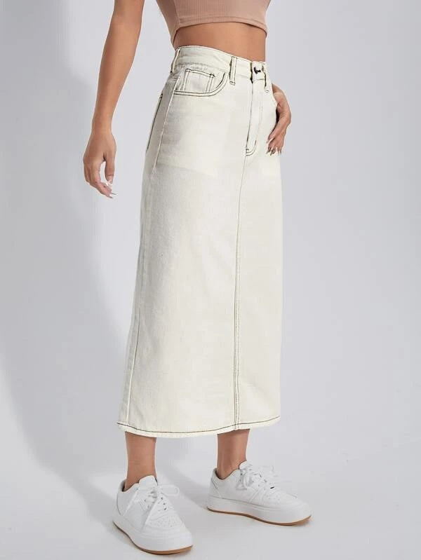 CM-BS569510 Women Casual Seoul Style High Waist Split Back Denim Skirt - Beige