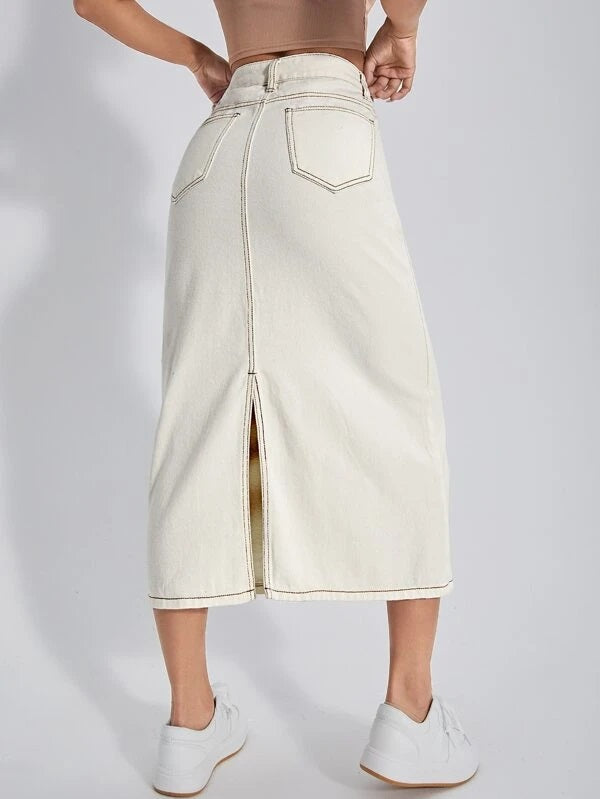 CM-BS569510 Women Casual Seoul Style High Waist Split Back Denim Skirt - Beige