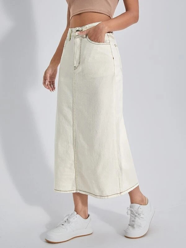 CM-BS569510 Women Casual Seoul Style High Waist Split Back Denim Skirt - Beige