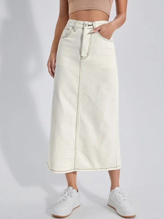 CM-BS569510 Women Casual Seoul Style High Waist Split Back Denim Skirt - Beige