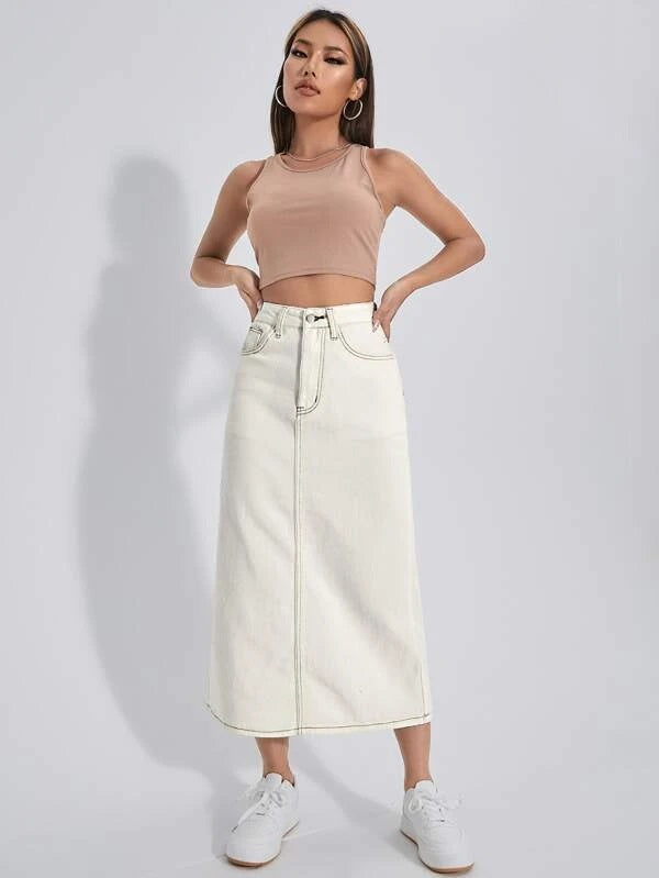 CM-BS569510 Women Casual Seoul Style High Waist Split Back Denim Skirt - Beige