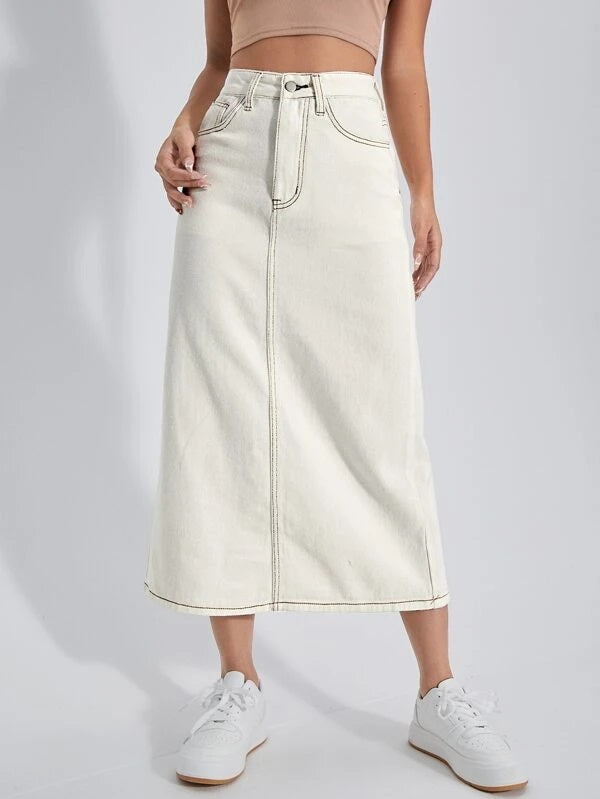 CM-BS569510 Women Casual Seoul Style High Waist Split Back Denim Skirt - Beige