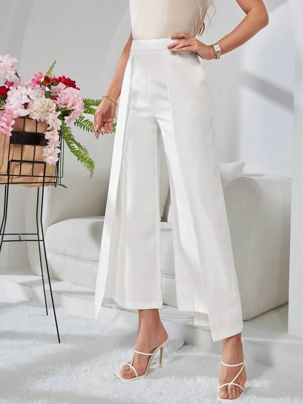 CM-BS645504 Women Casual Seoul Style High Waist Fold Pleated Wide Leg Pants - White