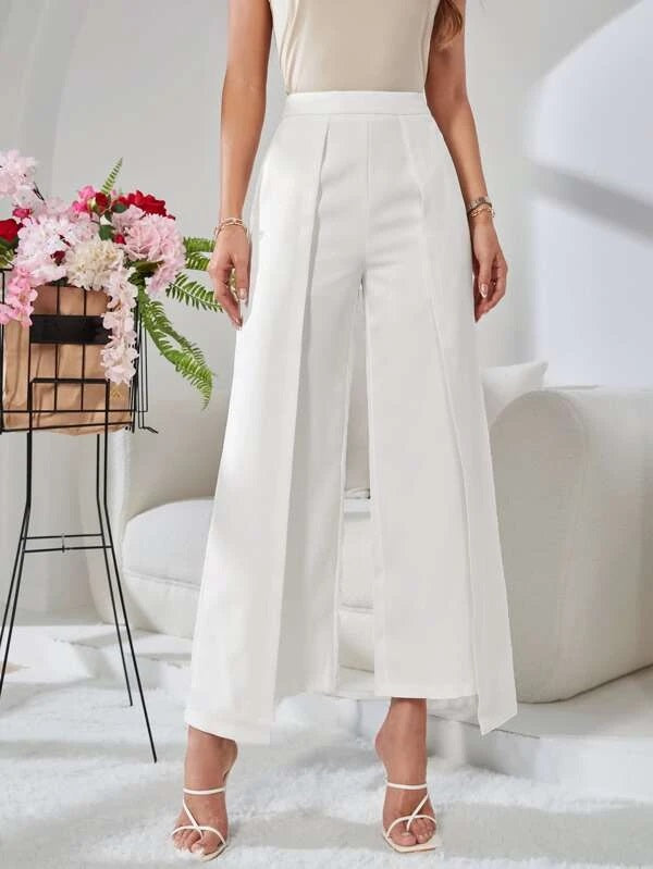 CM-BS645504 Women Casual Seoul Style High Waist Fold Pleated Wide Leg Pants - White