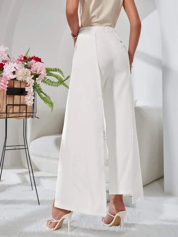 CM-BS645504 Women Casual Seoul Style High Waist Fold Pleated Wide Leg Pants - White