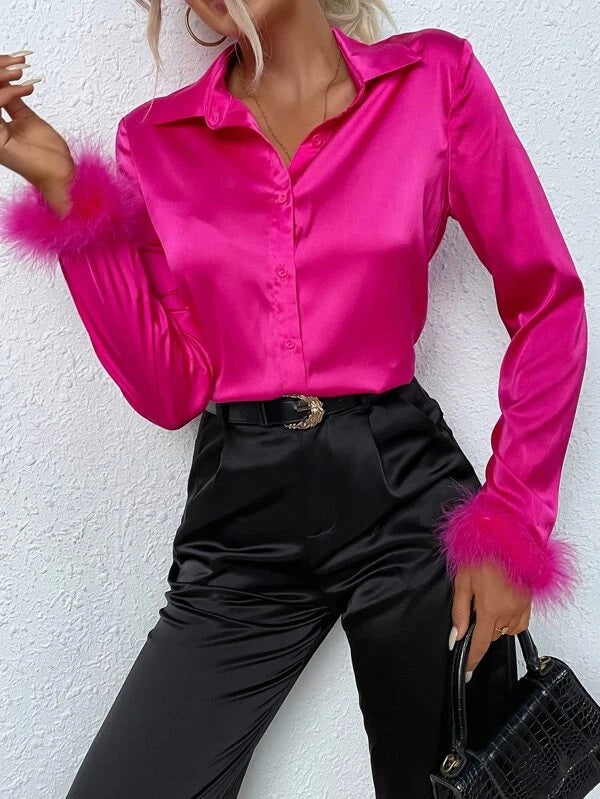 CM-TS816774 Women Elegant Seoul Style Long Sleeve Fuzzy Cuff Satin Shirt - Hot Pink