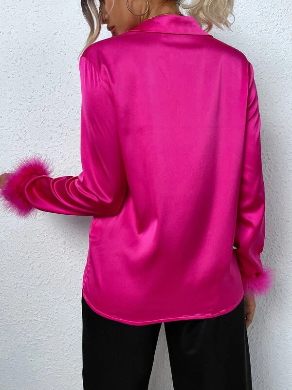 CM-TS816774 Women Elegant Seoul Style Long Sleeve Fuzzy Cuff Satin Shirt - Hot Pink