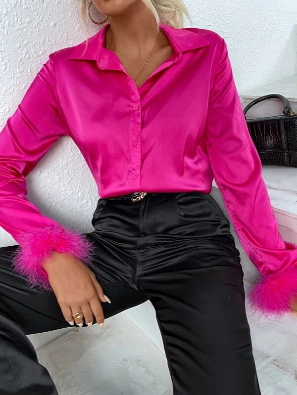 CM-TS816774 Women Elegant Seoul Style Long Sleeve Fuzzy Cuff Satin Shirt - Hot Pink