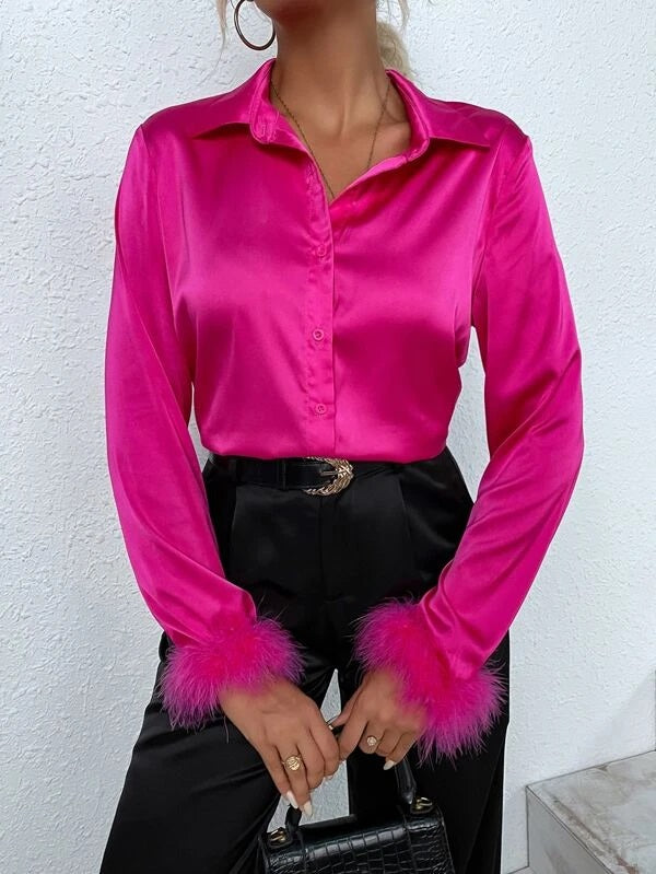 CM-TS816774 Women Elegant Seoul Style Long Sleeve Fuzzy Cuff Satin Shirt - Hot Pink