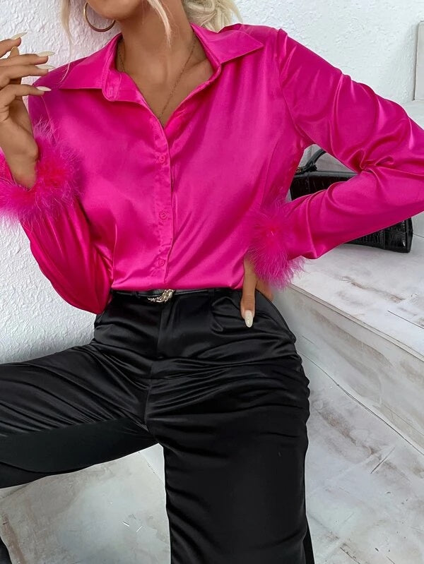 CM-TS816774 Women Elegant Seoul Style Long Sleeve Fuzzy Cuff Satin Shirt - Hot Pink