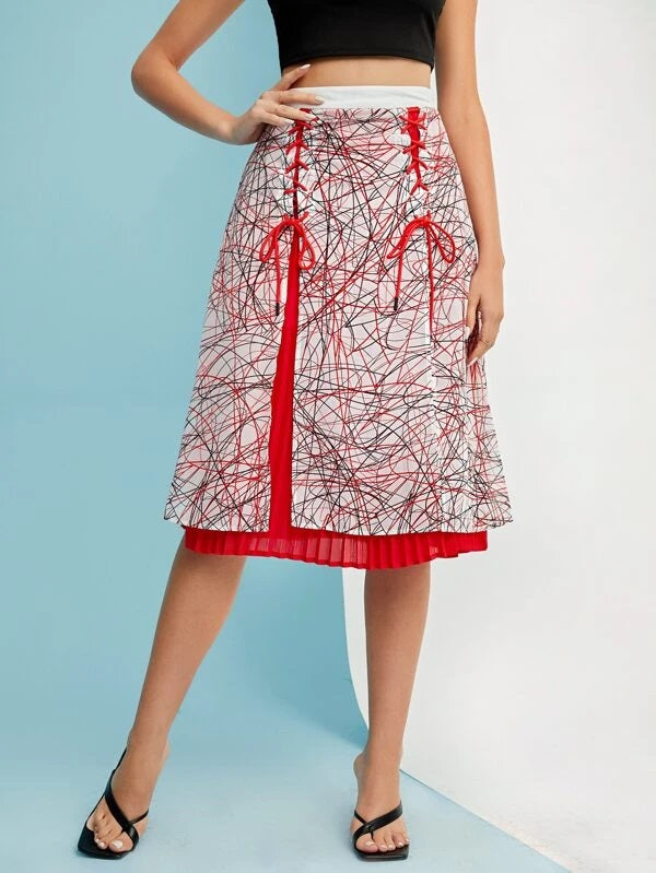 CM-BS022404 Women Elegant Seoul Style Graphic Print Lace Up Pleated Panel Skirt