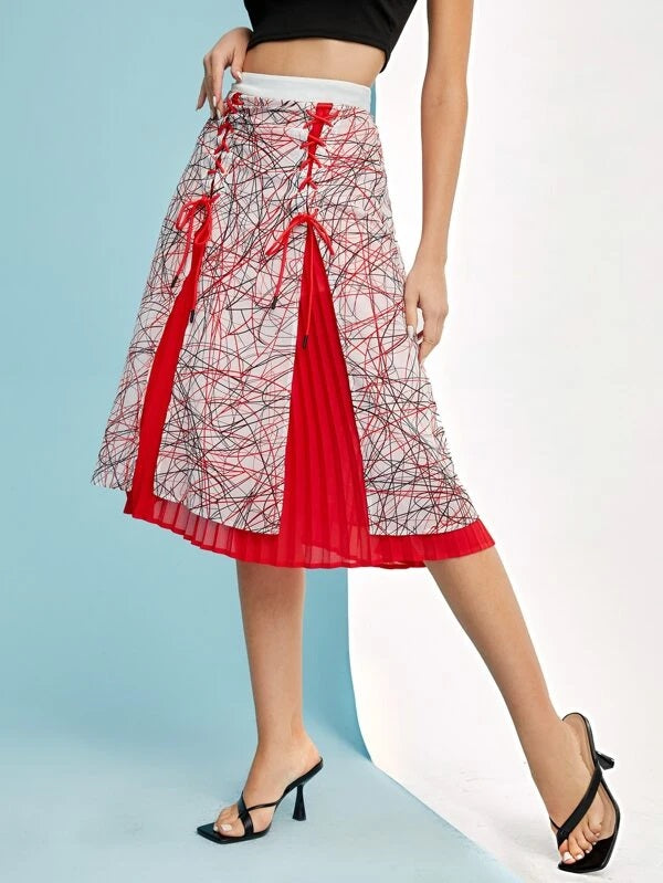 CM-BS022404 Women Elegant Seoul Style Graphic Print Lace Up Pleated Panel Skirt