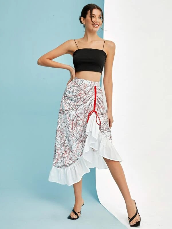 CM-BS318141 Women Casual Seoul Style Drawstring Front Ruffle Hem Graphic Print Skirt