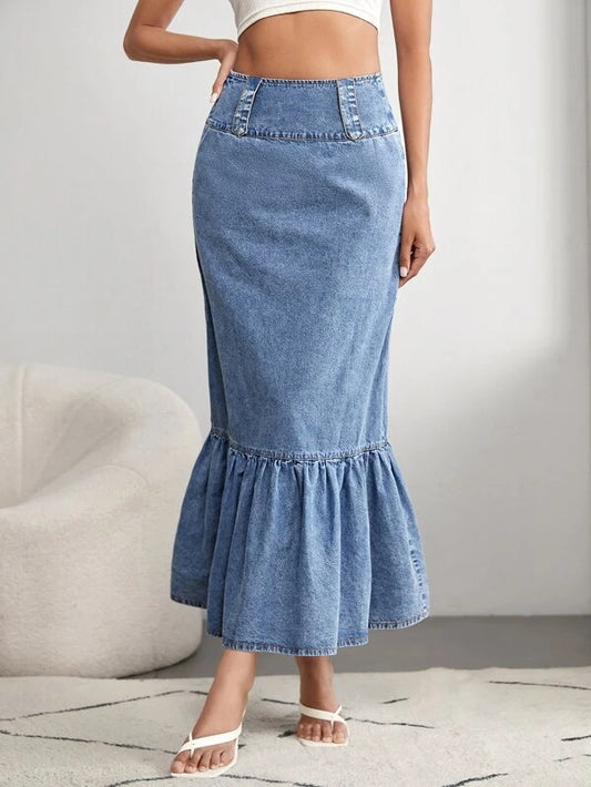 CM-BS414511 Women Casual Seoul Style Medium Wash High Waist Mermaid Hem Denim Skirt
