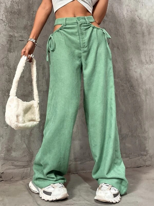 CM-BS033435 Women Casual Seoul Style Solid Cut Out Knot Side Pants - Green