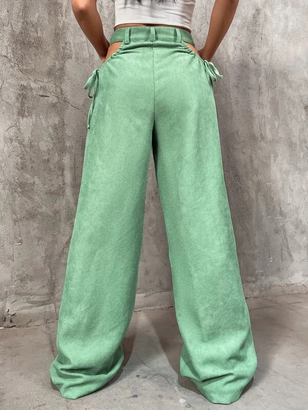 CM-BS033435 Women Casual Seoul Style Solid Cut Out Knot Side Pants - Green