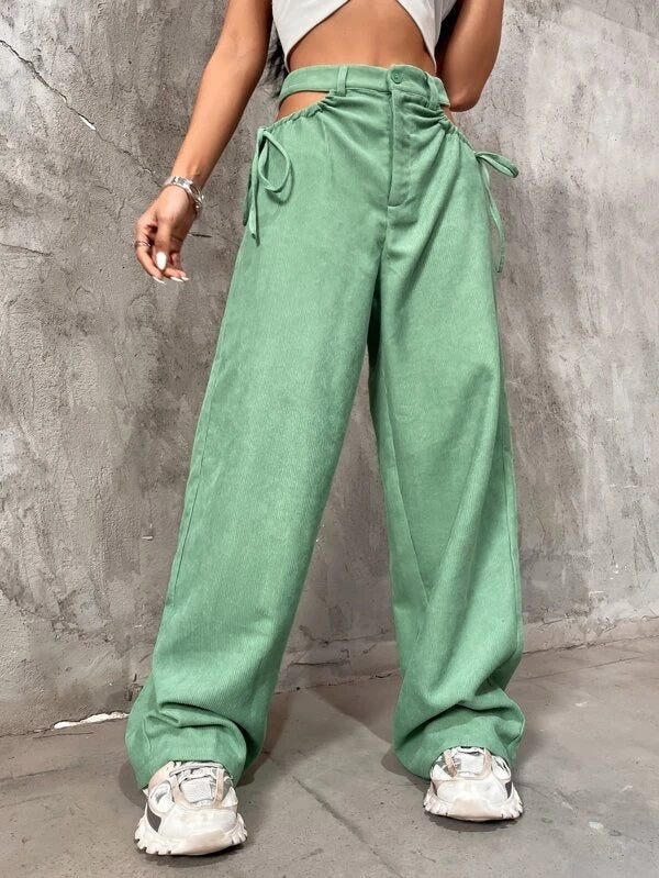 CM-BS033435 Women Casual Seoul Style Solid Cut Out Knot Side Pants - Green