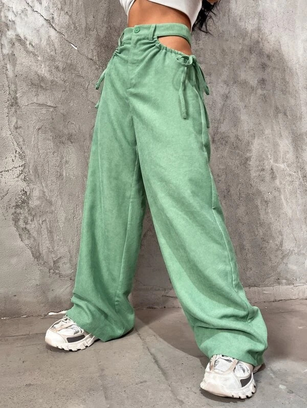 CM-BS033435 Women Casual Seoul Style Solid Cut Out Knot Side Pants - Green