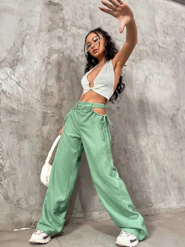 CM-BS033435 Women Casual Seoul Style Solid Cut Out Knot Side Pants - Green