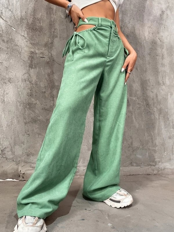 CM-BS033435 Women Casual Seoul Style Solid Cut Out Knot Side Pants - Green