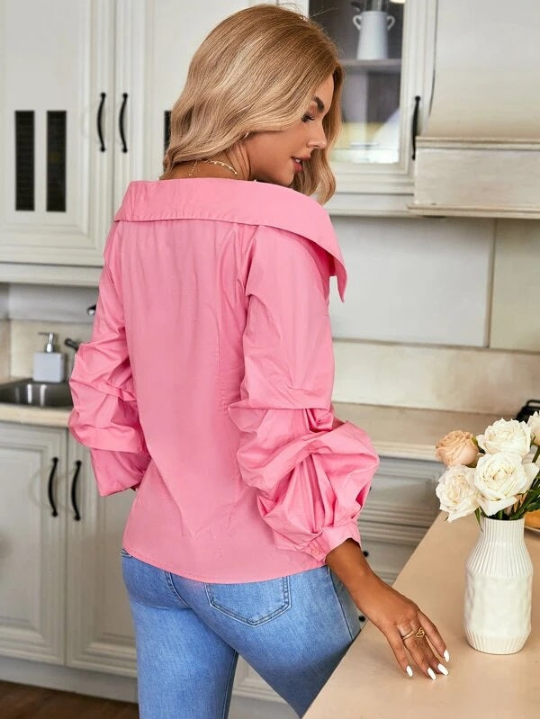 CM-TS220652 Women Casual Seoul Style Solid Ruched Sleeve Button Front Shirt - Pink