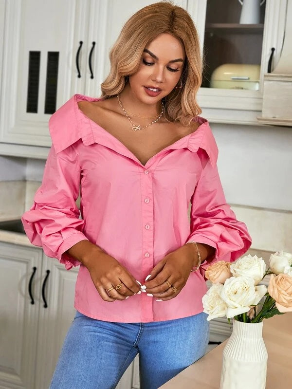 CM-TS220652 Women Casual Seoul Style Solid Ruched Sleeve Button Front Shirt - Pink