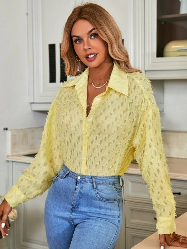 CM-TS263343 Women Casual Seoul Style Drop Shoulder Button Front Fuzzy Shirt - Yellow