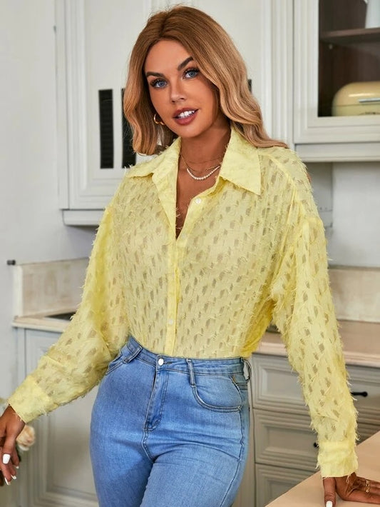 CM-TS263343 Women Casual Seoul Style Drop Shoulder Button Front Fuzzy Shirt - Yellow