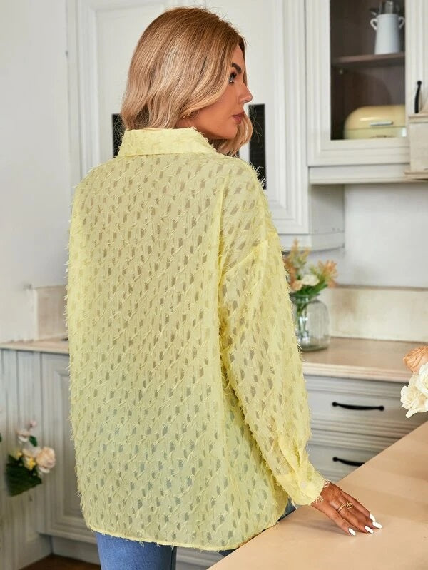 CM-TS263343 Women Casual Seoul Style Drop Shoulder Button Front Fuzzy Shirt - Yellow