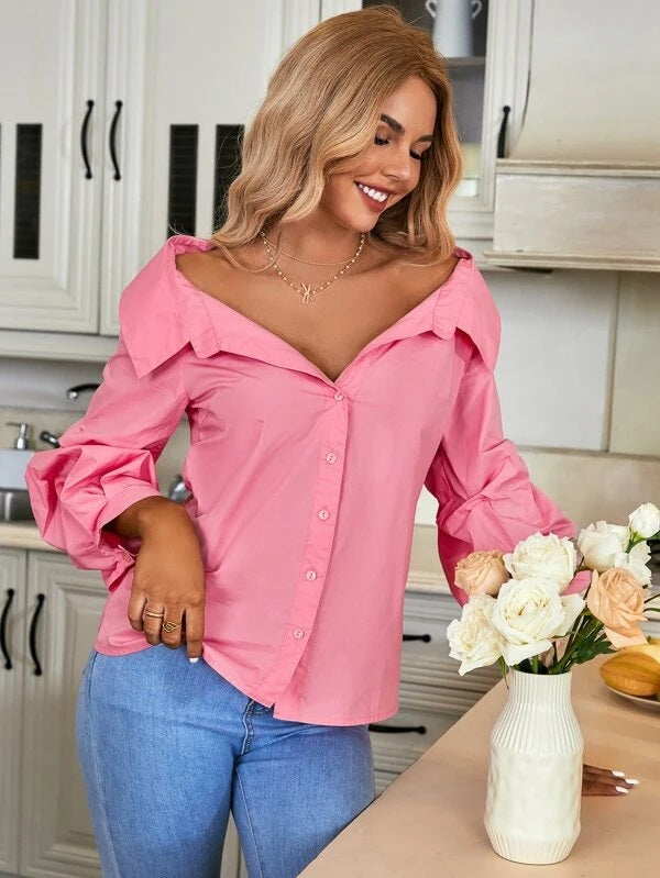 CM-TS220652 Women Casual Seoul Style Solid Ruched Sleeve Button Front Shirt - Pink