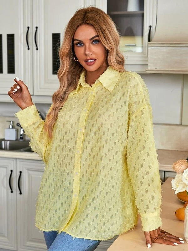 CM-TS263343 Women Casual Seoul Style Drop Shoulder Button Front Fuzzy Shirt - Yellow