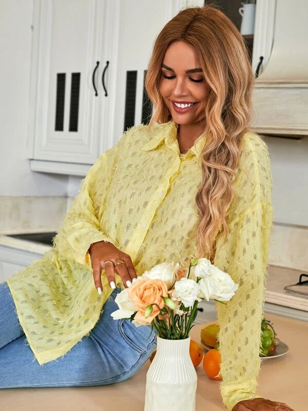 CM-TS263343 Women Casual Seoul Style Drop Shoulder Button Front Fuzzy Shirt - Yellow