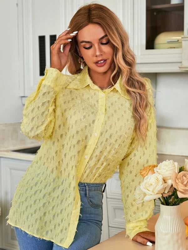 CM-TS263343 Women Casual Seoul Style Drop Shoulder Button Front Fuzzy Shirt - Yellow