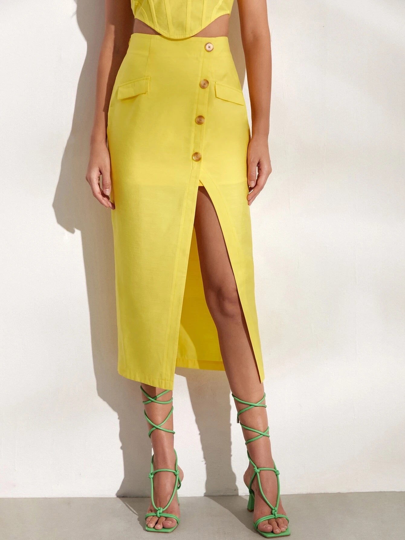 CM-BS656345 Women Trendy Bohemian Style Button Front Split Thigh Skirt - Yellow