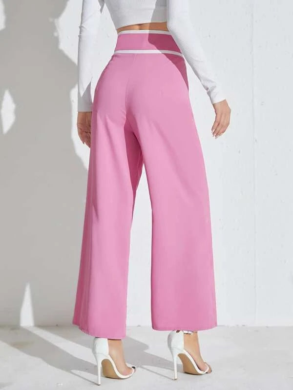 CM-BS155666 Women Elegant Seoul Style High Waist Contrast Binding Wide Leg Pants