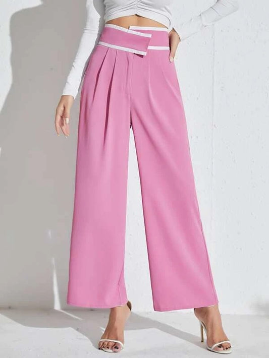 CM-BS155666 Women Elegant Seoul Style High Waist Contrast Binding Wide Leg Pants