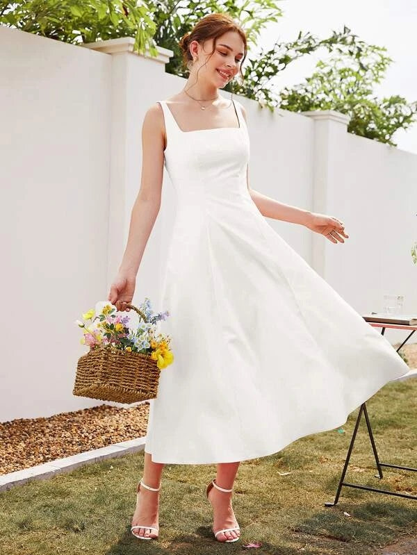 CM-DS997972 Women Casual Seoul Style Square Neck Sleeveless A-Line Dress - White