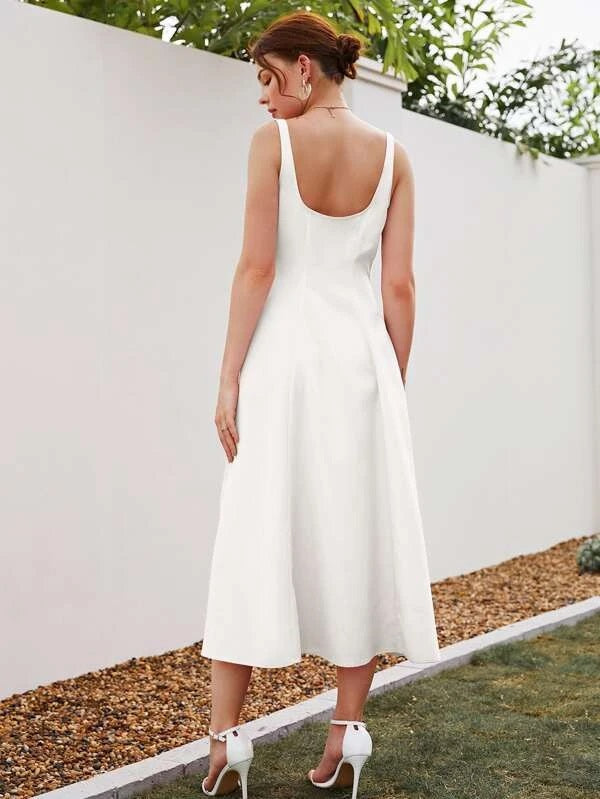 CM-DS997972 Women Casual Seoul Style Square Neck Sleeveless A-Line Dress - White