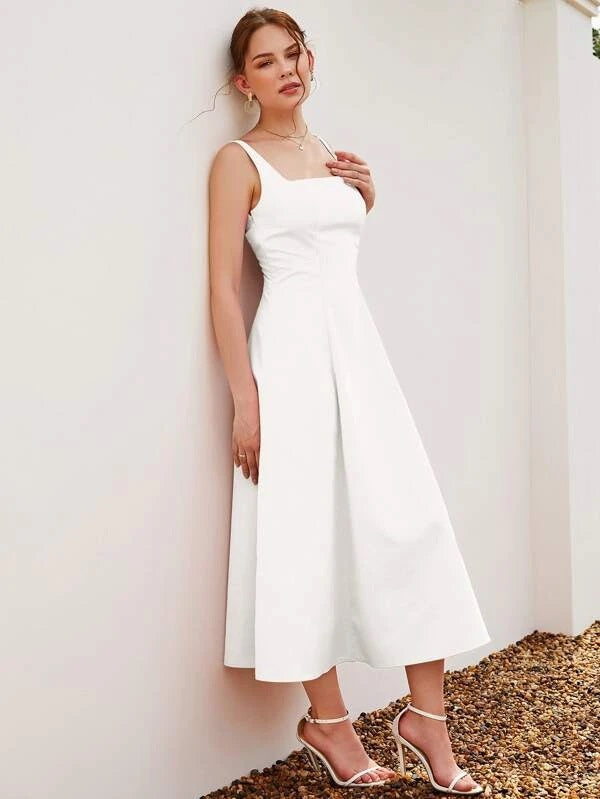 CM-DS997972 Women Casual Seoul Style Square Neck Sleeveless A-Line Dress - White