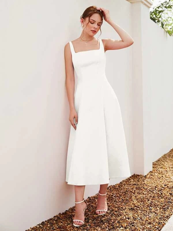 CM-DS997972 Women Casual Seoul Style Square Neck Sleeveless A-Line Dress - White