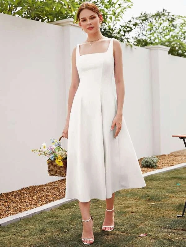 CM-DS997972 Women Casual Seoul Style Square Neck Sleeveless A-Line Dress - White