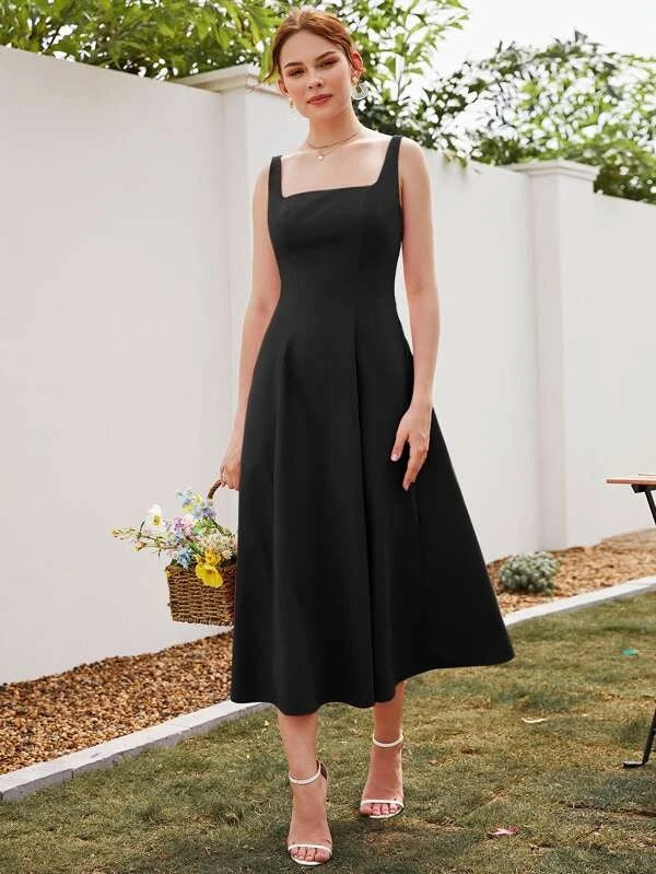CM-DS900880 Women Casual Seoul Style Square Neck Sleeveless A-Line Dress - Black
