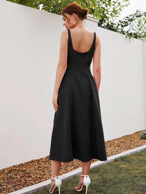 CM-DS900880 Women Casual Seoul Style Square Neck Sleeveless A-Line Dress - Black