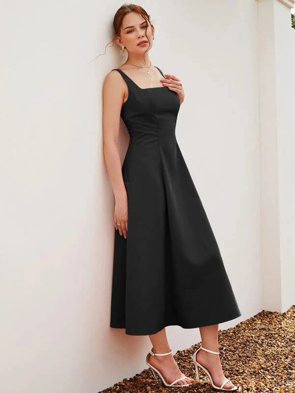 CM-DS900880 Women Casual Seoul Style Square Neck Sleeveless A-Line Dress - Black
