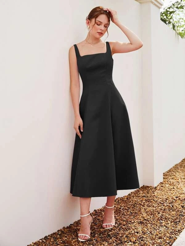 CM-DS900880 Women Casual Seoul Style Square Neck Sleeveless A-Line Dress - Black